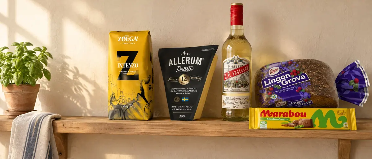 Hylla med Zoégas Intenzo, Allerum Präst, O.P. Anderson, Pågen Lingongrova och Marabou